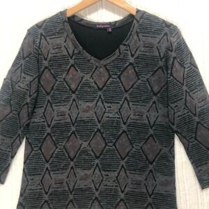 Fresh Produce V-Neck Top Diamond Print‎ 3/4 Sleeve USA Made Gray Women's Size M